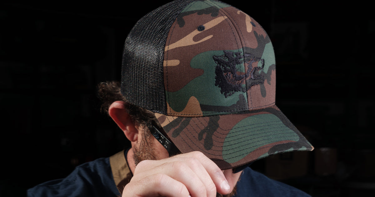 WOLF TRUCKER HAT –– Woodland Camo — Wolf Forty Designs