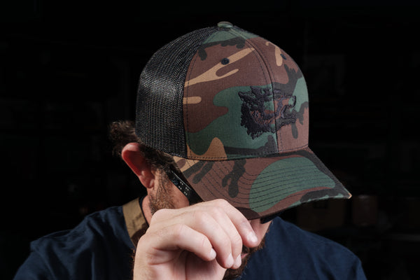 WOLF TRUCKER HAT –– Woodland Camo